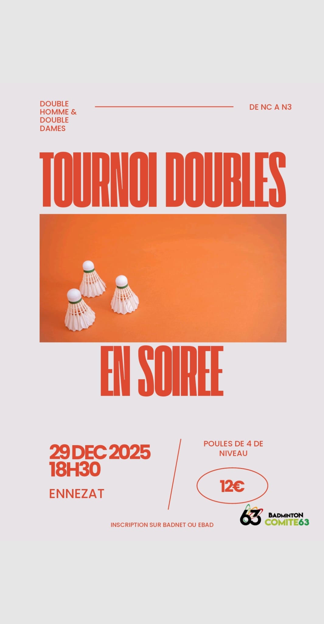 Tournoi de double en soirée 29 décembre 2025